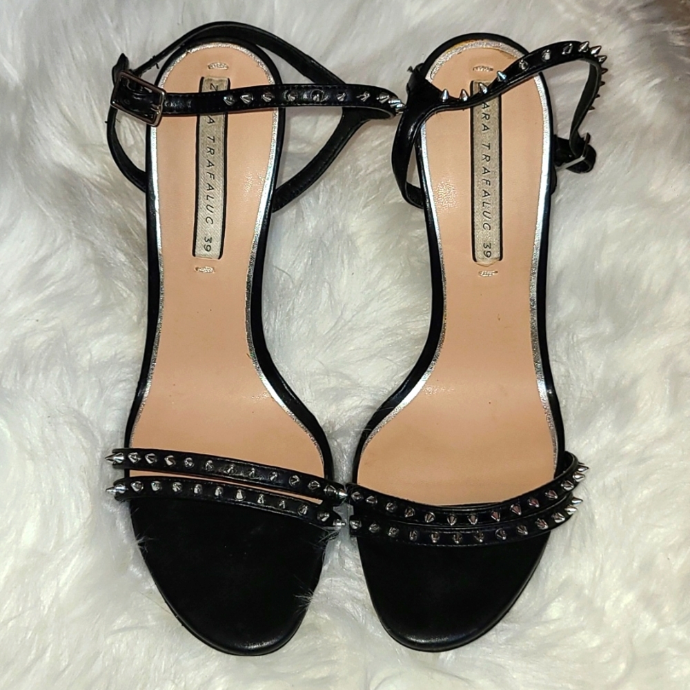 Zara Black Studded Strappy Heels Sz 39